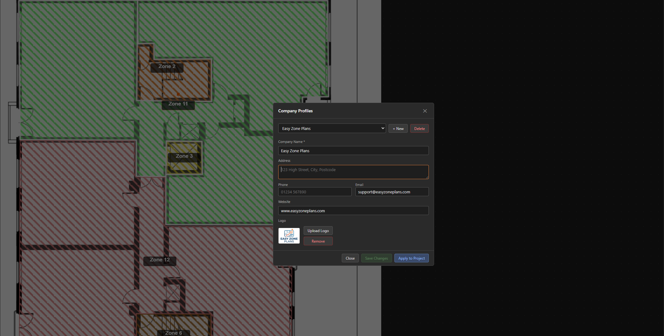 Company profile branding settings in Easy Zone Plans